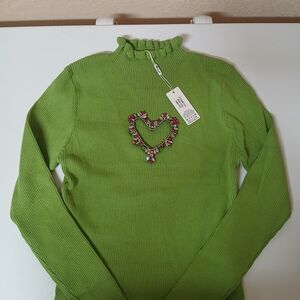 Green Ruffle Mock Neck Sweater with Beaded Heart Accent